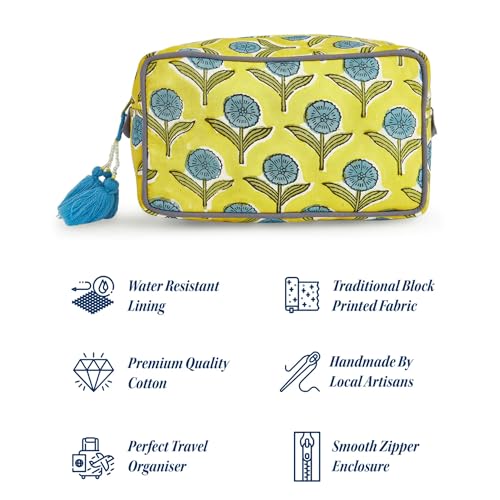 Travel Makeup Bag- Large Capacity Cosmetic Bags for Women - Water Resistance Lining Portable Pouch & Open Toiletry Bag - Perfect Girls Makeup Organizer for Travel Essentials (Blue & Yellow Floral)