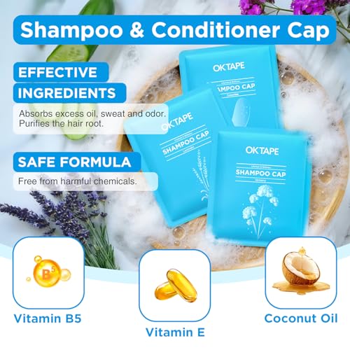 OK TAPE No Water Shampoo Caps (6 Pack) 3 Scents, Rinse Free Shower Cap for Elderly, After Surgery, Camping, Shampoo and Conditioner Hair Wash Cap (Lavender, Verbena and Cucumber Scents)