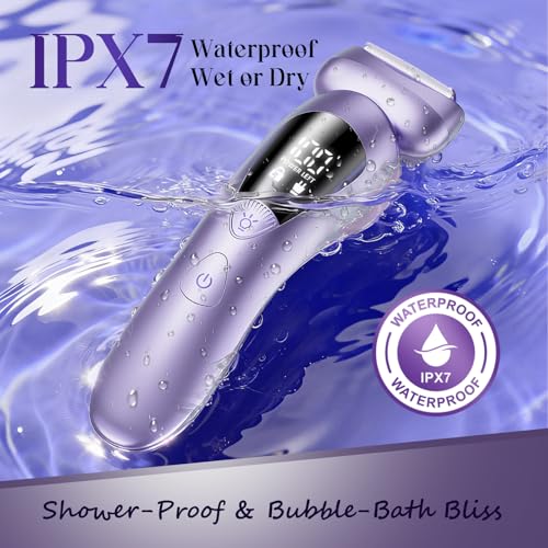 Cordless Electric Razors for Women: Rechargeable Painless Bikini Trimmer for Body Hair - IPX7 Waterproof Shaver with LED Display for Face/Underarm/Leg Deep Purple