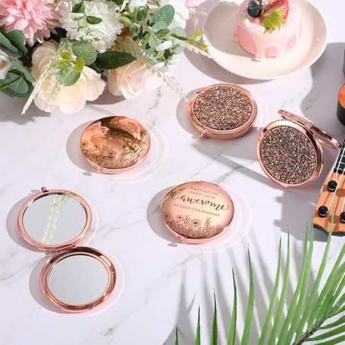 10 Sets Womens History Month Gift Bulk Inspirational Compact Mirror Makeup Rhinestone Purse Double Sided Folding Mirror with Gift Cards for International Women's Day Girls