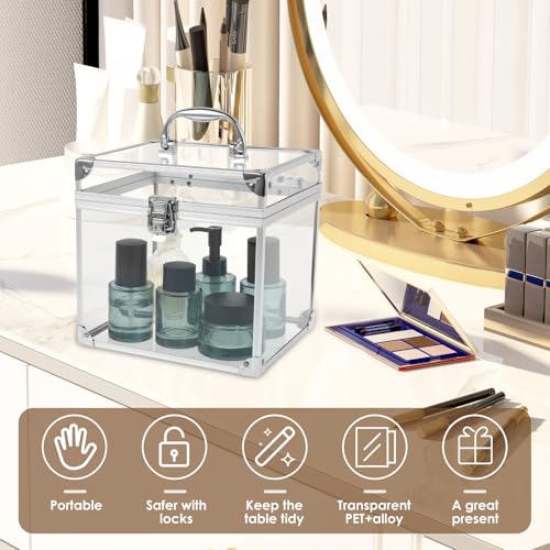 Crown Boxes for Pageants 7.9 X 6.7 X 7.5 In Clear Large capacity Makeup Train Case Cosmetic Case with Latches and Handle Toiletry Organizer Box Travel Makeup Tools Storage Organizer Box