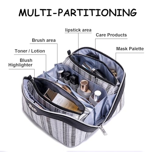 BOYATU Travel Makeup Bag for Women: Large Capacity Open Flat Make up Bag Set of 3 - Vegan Leather Cosmetic Bag with Compartments - Waterproof Toiletry Bag with Handle & Divider(I-2-Black)