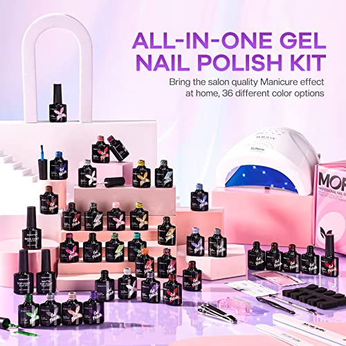 Morovan Gel Nail Polish Kit with UV Light: 36 Colors Gel Nail Polish Set with Pure Gillter Gel Polish Soak Off Gel Nail Kit Contain Base & Top Coat Nail Polish Starter Kit
