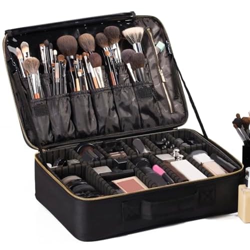 ROWNYEON Makeup Bag Cosmetic Makeup Train Case Artist Makeup Organizer Professional Portable Storage Bag for Women Girl Waterproof EVA Adjustable Dividers Large Black