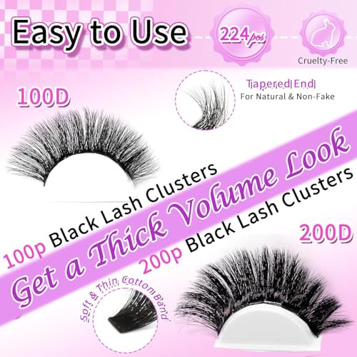 Lash Clusters Kit 100D+200D Thick Volume Eyelash Clusters Kit 12-22mm Long Cluster Lashes Eyelash Extensions Kit Individual Clusters Lashes Kit DIY at Home D Curly Lash Extension by FOINEMYED