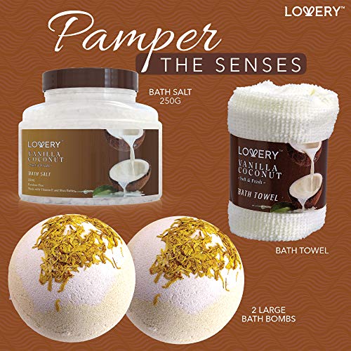 Gifts For Women Gift Basket for Women? 9 Piece Set of Vanilla Coconut Home Spa Set, Luxurious Gifts for Her, Bath and Body Sets Includes Fragrant Lotions, Large Bath Bombs, Coconut Oil