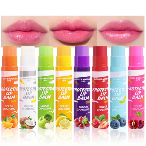 BINGBRUSH 8Pcs Color Changing Lip Balm Change Lipstick set,Fruit Ultra Moisturizing & Repairing Lip Care for Dry, Lip Tint Stain Gloss Balm Long Lasting Waterproof Moisturizer Lipstick Set for Women