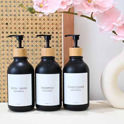 Shampoo and Conditioner Frosted Bottles Bamboo Pump, Refillable Shampoo Empty Bottles for Lotion Oil Shower Soap Dispenser (6p-Black)