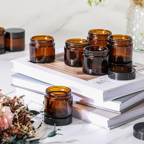 Domensi 2 oz Glass Jars with Lids, 32 Pcs Small Glass Jars with Lids Round Leakproof Airtight Empty Cosmetic Travel Containers with Inner Liners Lid for Makeup Lotions Cream Ointments Candle (Amber)