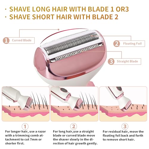 4-in-1 Electric Razor & Bikini Trimmer for Women - Rechargeable Wet/Dry Body Shaver for Face, Legs, Underarms, Pubic Hair, IPX6 Waterproof with LED Light & Travel Lock