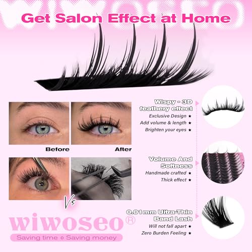 wiwoseo Fluffy Lash Clusters Kit Spikes Lashes Clusters Eyelash Extensions Kit Thick Volume Lash Extension Kit Cluster Lashes with Spikes 10-18MM Spiky Eyelash Clusters Kit Clear Lash Bond and Seal