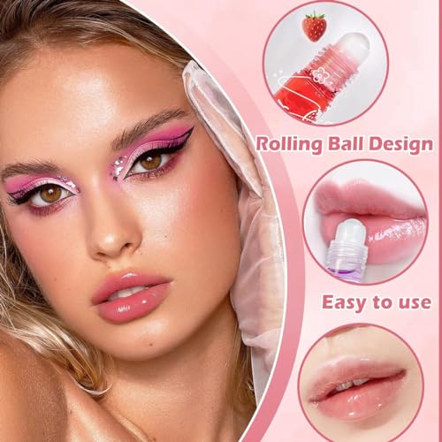 6Pcs Roll-On Lip Gloss Set,Fruit Flavored Roll On Rollerball Lip Oil,Transparent Plumping Lip Gloss,Non Toxic Lip-Makeup Set
