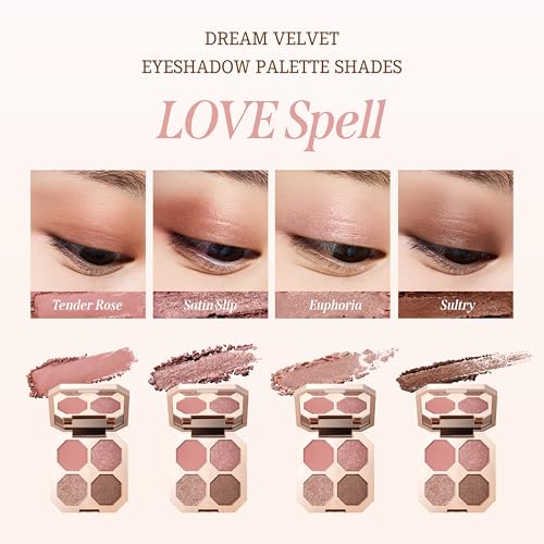 DEARDAHLIA Dream Velvet Eyeshadow Palette (Love Spell) - Richly Pigmented Matte & Shimmer Eyeshadows with Minimal Fallout. 4-Shade All-in-One Palette. Vegan Korean Eye Makeup