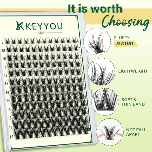 KEYYOULASH Lash Clusters Manga Lash Extension D Curl 144pcs 8-18mm Wispy Eyelash Clusters Natural Volume Eyelash Extensions Individual Lashes DIY at Home(KY08,D-8-18MIX)