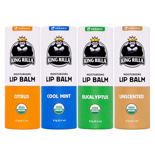 King Rilla Organic Lip Balm for Men ? USDA Certified, Natural, Hydrating & Soothing ? Vegan, Cruelty-Free, Eco-Friendly Lip Care with Organic Ingredients (All Mix Lips Balm 04 Pack)