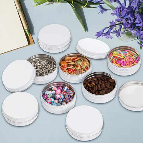Foraineam 48 Pack 2 oz White Lip Balm Tin Cans, Aluminum Round Cosmetic Sample Containers with Screw Lid, Storage Travel Tin Jars Metal Empty Tins for Salve, Cream, Spices or Candles