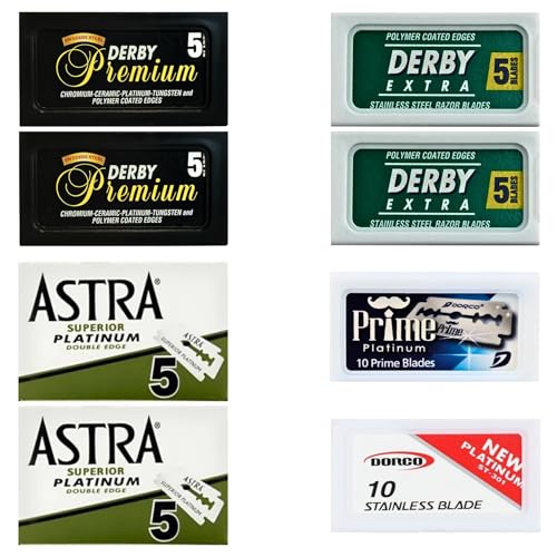 Double Edge Safety Razor Blades Sampler Pack for Men-Includes 3 Top Global Brands: Dorco Astra Derby-Comfortable Shaving ?Fits All Double Edge Safety Razors (50)
