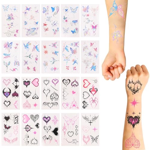 LOGJAM 20 Sheets Y2K Temporary Tattoos Stickers for Girls, Butterfly Aesthetic Cool Cyberpunk Waterproof Temporary Tattoo Decals