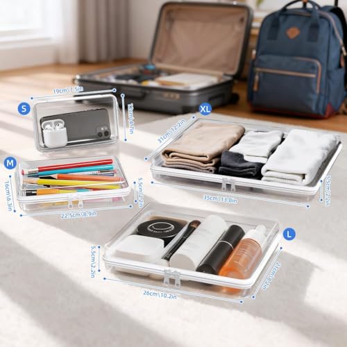3Pcs Clear Hard Shell Zipper Case -Pouch Bag Plastic Storage Packing Cube Transparent Sided Organizer Lightweight Foldable Container Box for Travel, Pencil, Cosmetics, Toiletry, Toy(MMM)