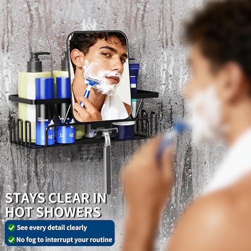 KEGII Fogless Shower Mirror for Shaving with Razor Holder, 4 Pack Adhesive Shower Caddy Set with Soap Holder & Hooks, No-Drill Rustproof Bathroom Organizer, Black