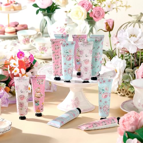 Tea Party Hand Cream Gift Set Wonderland Floral Tea Party Favor Flower Moisturizing Hand Lotion Bulk Dry Cracked Care Cream Teapot Favor Boxes Treat Gift Goodie for Baby Shower, 30 ml(24 Pcs)