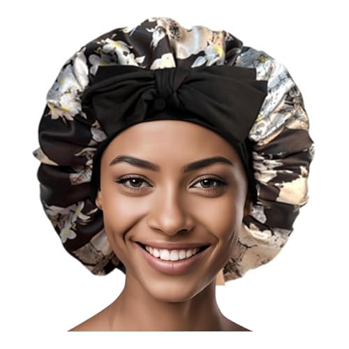 Black Satin Bonnet, Sleeping Cap Night Cap for Women, Double-Layered, Can Be Worn on Both Sides, Hair Protection