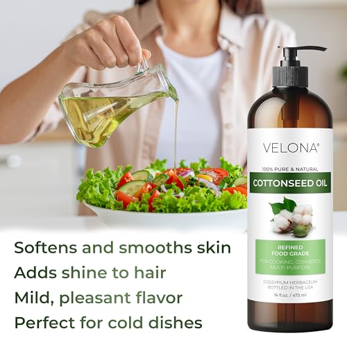 Cotton Seed Oil by Velona - 1 Gallon / 128 Fl Oz | 100% Pure and Natural Carrier Oil | Refined, Cold pressed | Cooking, Skin, Face, Body, Hair Care | Use Today - Enjoy Results