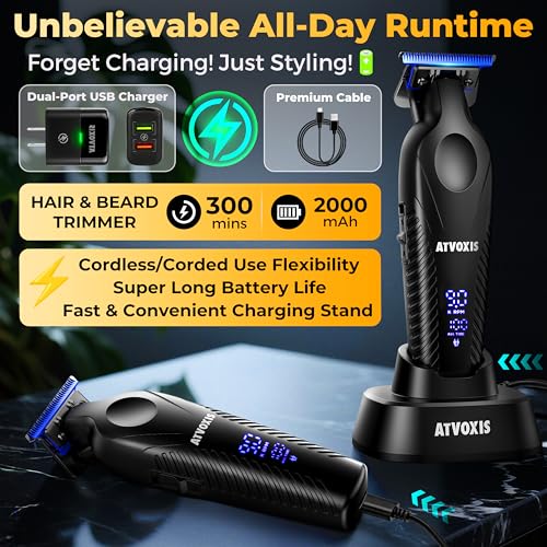 Zero Gap 9,000 RPM Brushless Professional T Blade Trimmer for Men: Cordless Hair/Beard Clipper Edger Liner Outliner with LED Display 300min Runtime Fast Charging Stand Travel Pouch