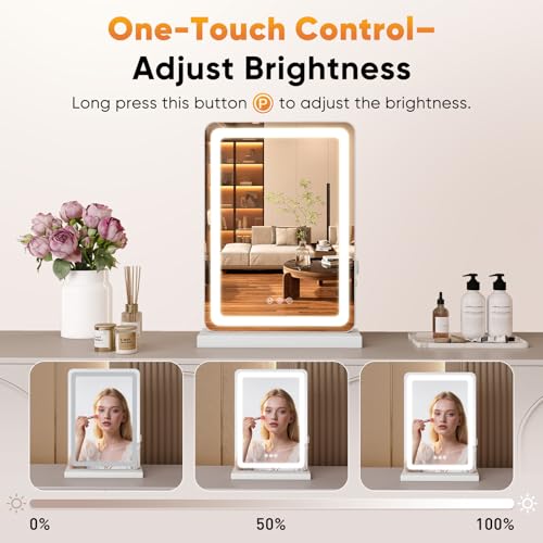 NEWBULIG 18.5"x13" LED Vanity Mirror with Lights, Lighted Smart Tabletop Makeup Mirrors for Desk, Touch Control Dimmable Brightness, 3 Color Lighting Modes