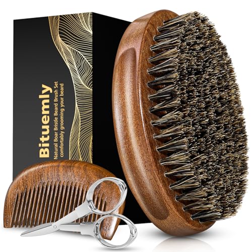Beard Brush, Natural Boar Bristles Beard Brush for Men and Wooden Sandalwood Pocket Beard Comb Set, Facial Hair Grooming Kit with Mustache Scissors as a Styling Tool, Growth, Detangles, Shine