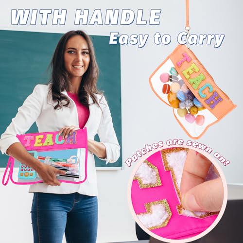 Kacctyen 6 Pcs Teach Bags Chenille Letter Clear Zipper Makeup Bags Teacher Appreciation Gifts Cosmetic Travel Pouch with Handle Gift for Teacher Retirement Women Thanksgiving day Christmas, Multicolor