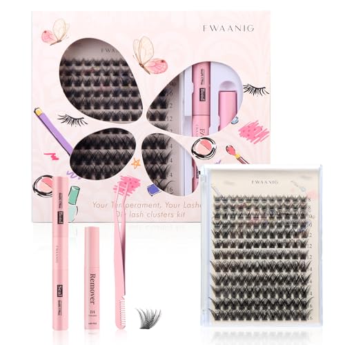 False Eyelashes Butterfly D Curl Lash Clusters Kit 144PCS, 8-16mm Wispy & Hypoallergenic with Pink 4-in-1 Tools for Daily or Special Occasions