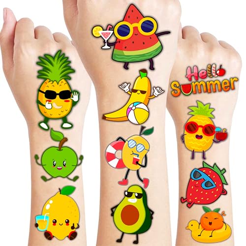 96PCS Fruit Pre-Cut Temporary Tattoos for Kids - Summer Themed Birthday Party Supplies, Cute Lemon, Orange, Strawberry, Watermelon Stickers, Fun Party Favors, School Prizes