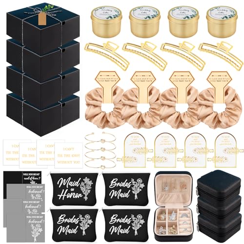 CITYCHALET 49Pcs Bridesmaid Gifts Set of 4 Black,Maid of Honor Proposal Gift Boxes Set,Cosmetic Bag Scented Candle Jewelry Box Metal Hair Clip Knot Bracelet Bachelorette Party Bridal Shower