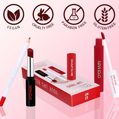 O'CHAIN 3PCS Lip Liner & Lipstick Combo Set, Velvet Matte Lipstick and Matte Liquid Lipstick, Long-Lasting Waterproof and Smudge Proof, Lip Makeup Kit for Women (12 REY)