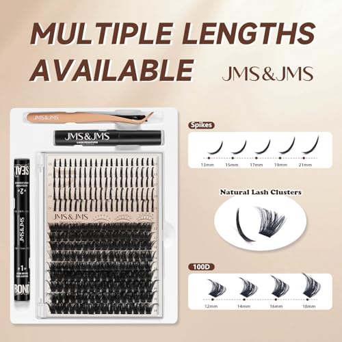 JMS&JMS Lash Clusters Kit 100D with Lash Spikes Eyelash Clusters with DIY Spikes 13-21MM Spiky Volume Cluster Eyelash Extensions Wispy Individual Lash Extensions Kit at Home (100D, 12-18mix Kit)