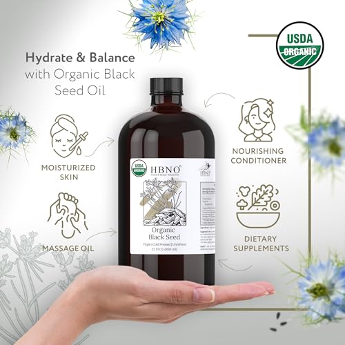 HBNO Organic Black Seed Oil - Huge 32oz (950ml) Glass Bottle Value Size - USDA Certified Organic Black Seed Oil, Cold Pressed for Face, Body, Lips, Shampoo & Conditioner