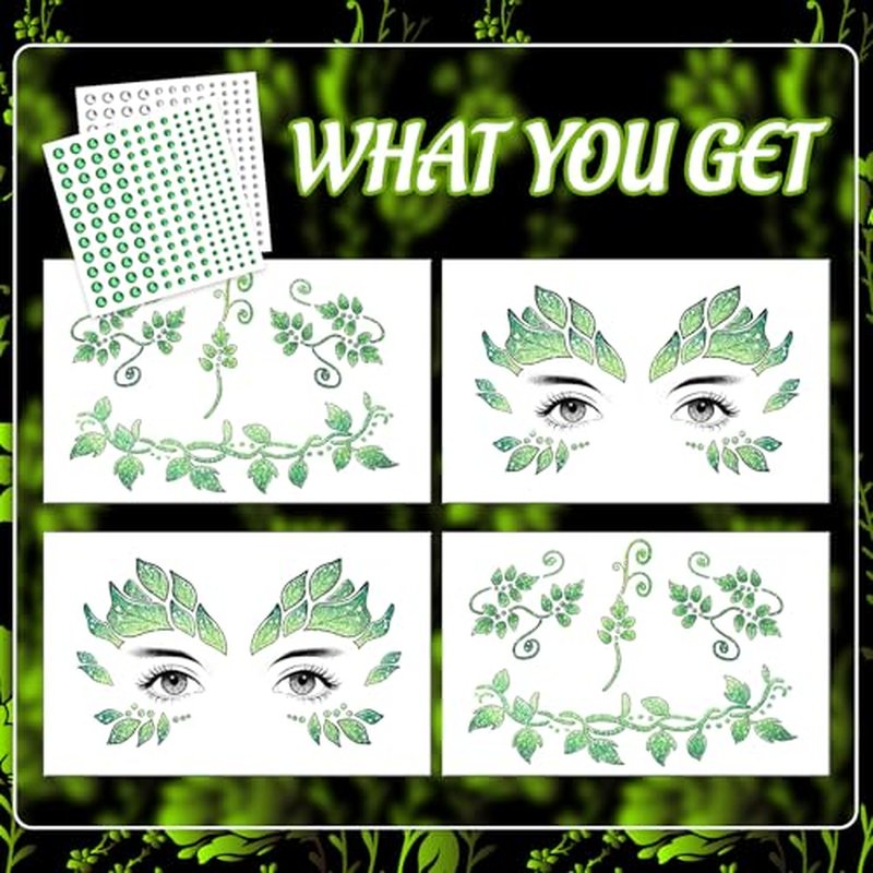 Cerlaza Halloween Decorations, Leaf Face Paint Temporary Tattoos+Green White Face Gems Jewels, Glitter Leaf Halloween Makeup Kit Costumes Rave Party Favors, Festival Cosplay Outfits Accessories