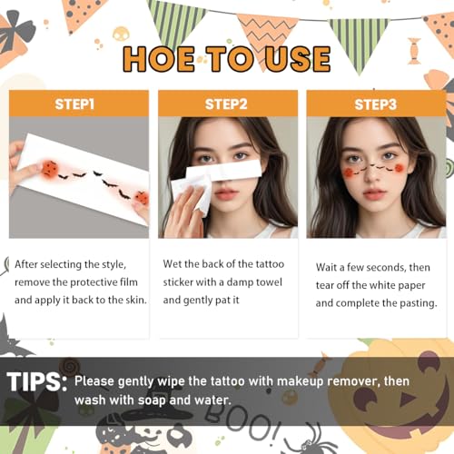 Halloween Freckles Face Tattoo, 12PCS Ghost Pumpkin Spider Bat Kids Temporary Tattoos, Women's Face Stickers for Day of the Dead, Halloween, Party Makeup