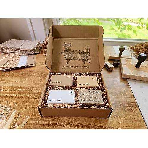 fat & ash Beef Tallow Soap Bar (4 Pack) - VERY SIMPLE INGREDIENTS - Organic and Moisturizing - Handmade in USA - Family Recipe - Long-Lasting, All-Natural, For Dry Skin