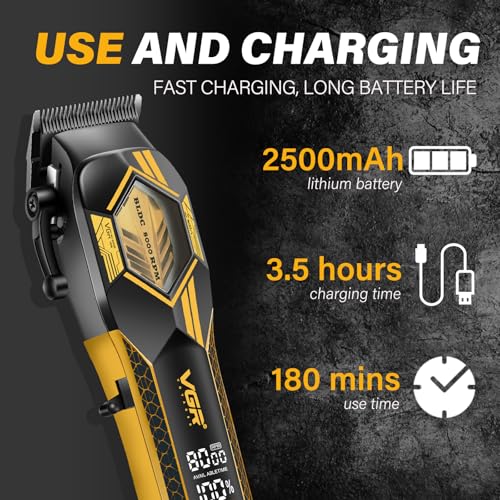 VGR 119 Professional Cordless Hair Clippers for Men, Rechargeable Barber Clippers with Base, Lithium-ion Battery Hair Cutting Machine with BLDC Motor and Ceramic Blades for Home and Barber, Gold
