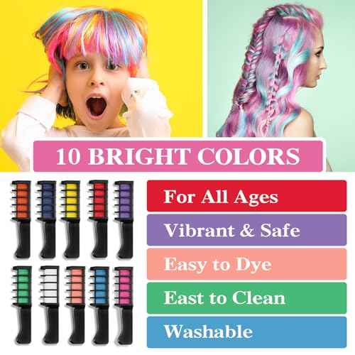 10 Colors Hair Chalk for Girls Kids, Temporary Hair Color Dye for Kids Girls Age 10-12, Washable Hair Chalk Comb for Party Cosplay DIY
