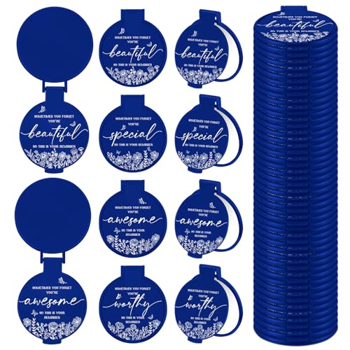 100 Pcs Inspirational Compact Mirror Bulk Small Pocket Mirror Purse Round Portable Folding Makeup Mirror Thanksgiving for Women Coworker Employee Teacher(Blue)