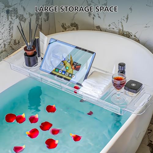 Expandable Bathtub Tray (22-31") - Transparent Bath Caddy with Non-Slip Pads, Adjustable Spa Table for Wine, Books & Phone, Perfect Housewarming for Women