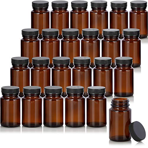 JUVITUS (24 pack) 2.5 oz / 75 ml Amber Glass Packer Bottle with Black Ribbed Lid
