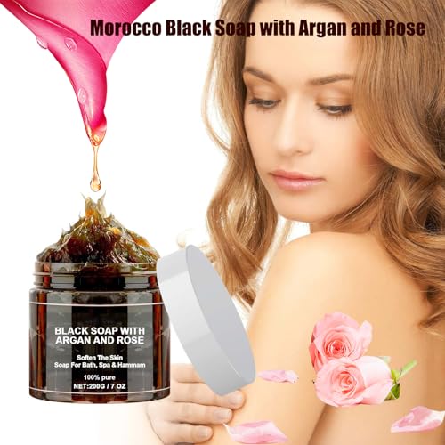 Morocco Black Soap with Argan and Rose, 200g Black Soap Bar Exfoliating Soaps, Moroccos Body Scrub with Exfoliating Glove (2)