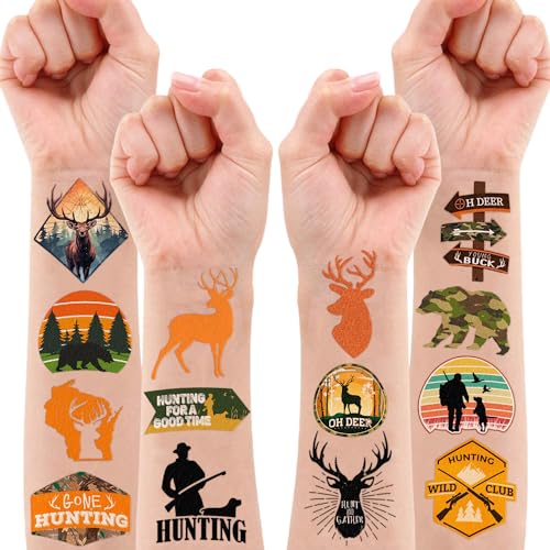 Gone Hunting Temporary Tattoos 88 PCS Oh Deer Hunter Camo Party Decorations Favors Supplies Fishing Theme Birthday Cute Tattoo Stickers Christmas Gifts for Boys Girls Kids Class School Prizes Carnival
