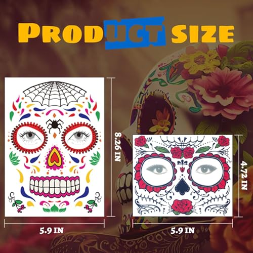 COKOHAPPY Halloween Temporary Face Tattoos Makeup Kit (13 Pack), Day of the Dead Sugar Skull Floral Black Skeleton Web Red Roses Full Face Mask Stickers Tattoo Families Party Supplies