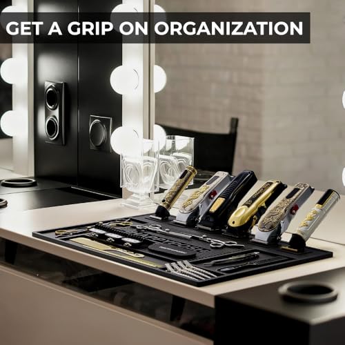 Magnetic Barber Mat for Clippers, Large Professional Barber Station Mat with 6 Strong Magnets, Non-Slip Rubber Barber Tool Organizer for Salon Stations, 20" x 14" Black