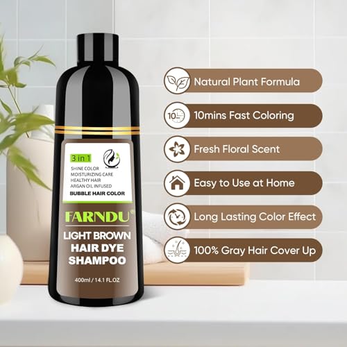 FARNDU Light Brown Hair Dye Shampoo for Gray Hair Coverage - 3 In 1 Natural Hair Color Shampoo for Women & Men, Champu Para Canas Mujer